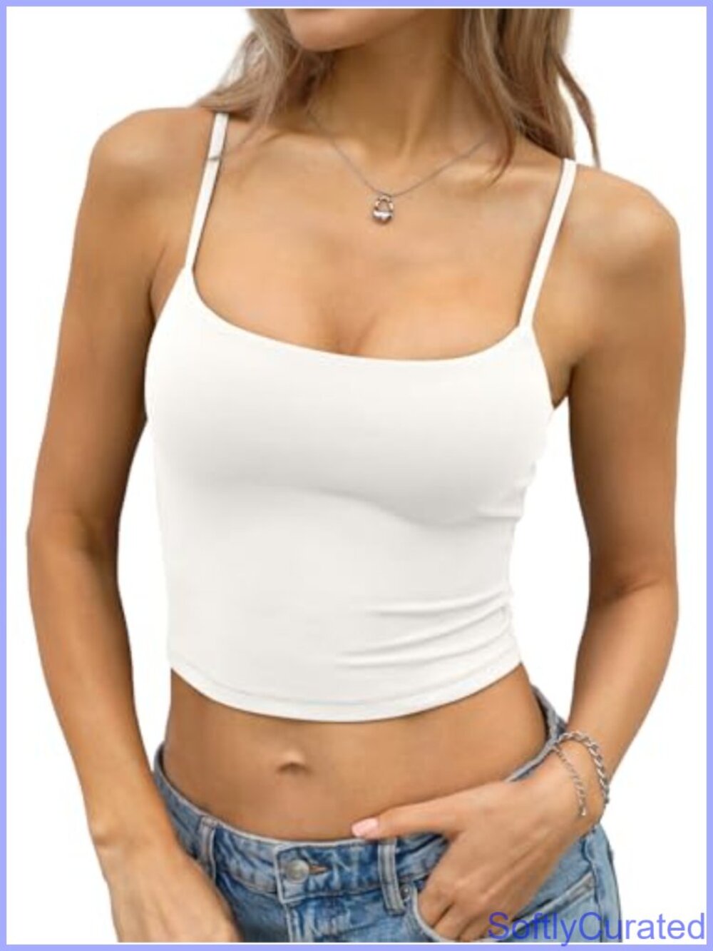 Double Lined Spaghetti Strap Crop Tank Top Tight Scoop Neck Sleeveless Cami